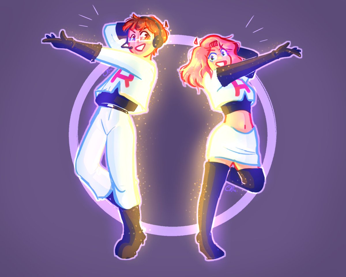 This is a drawing of Niki and Jack. They both wear Team Rocket's uniform and are posing looking happy at the camera. Niki has bright pink hair, and Jack retains his blue and red glasses. There appears to be a light between the two, casting them in a glow.